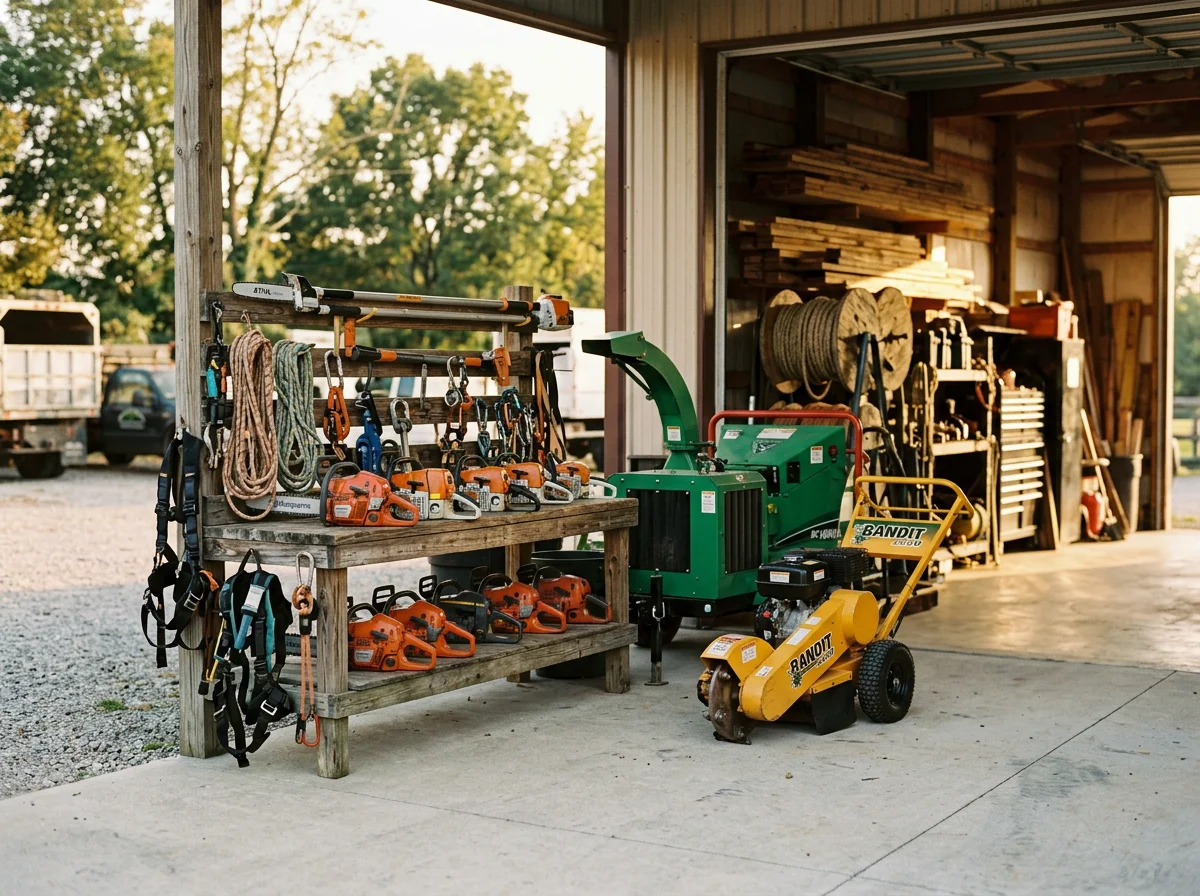 Professional tree service crew with equipment and tools ready for job site work.