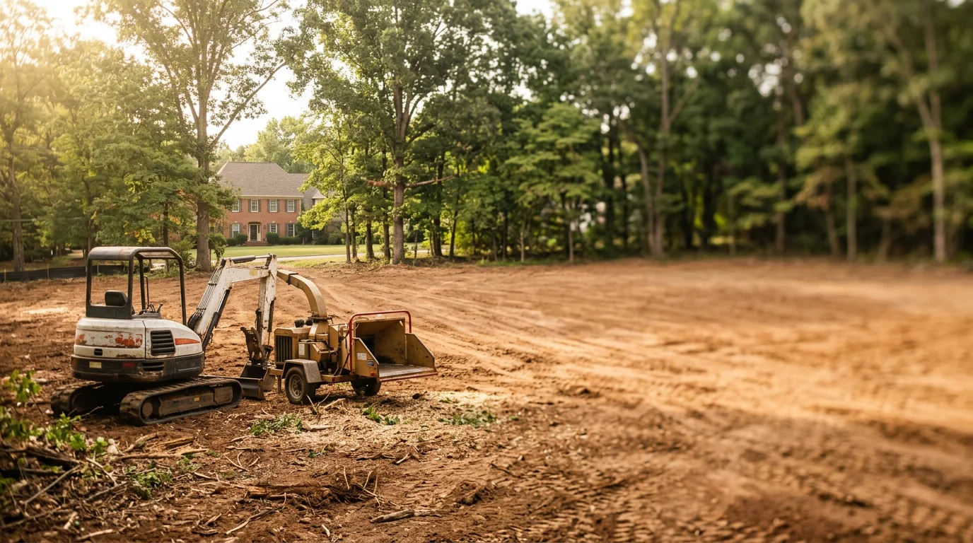 Heavy equipment clearing overgrown vegetation from a residential lot