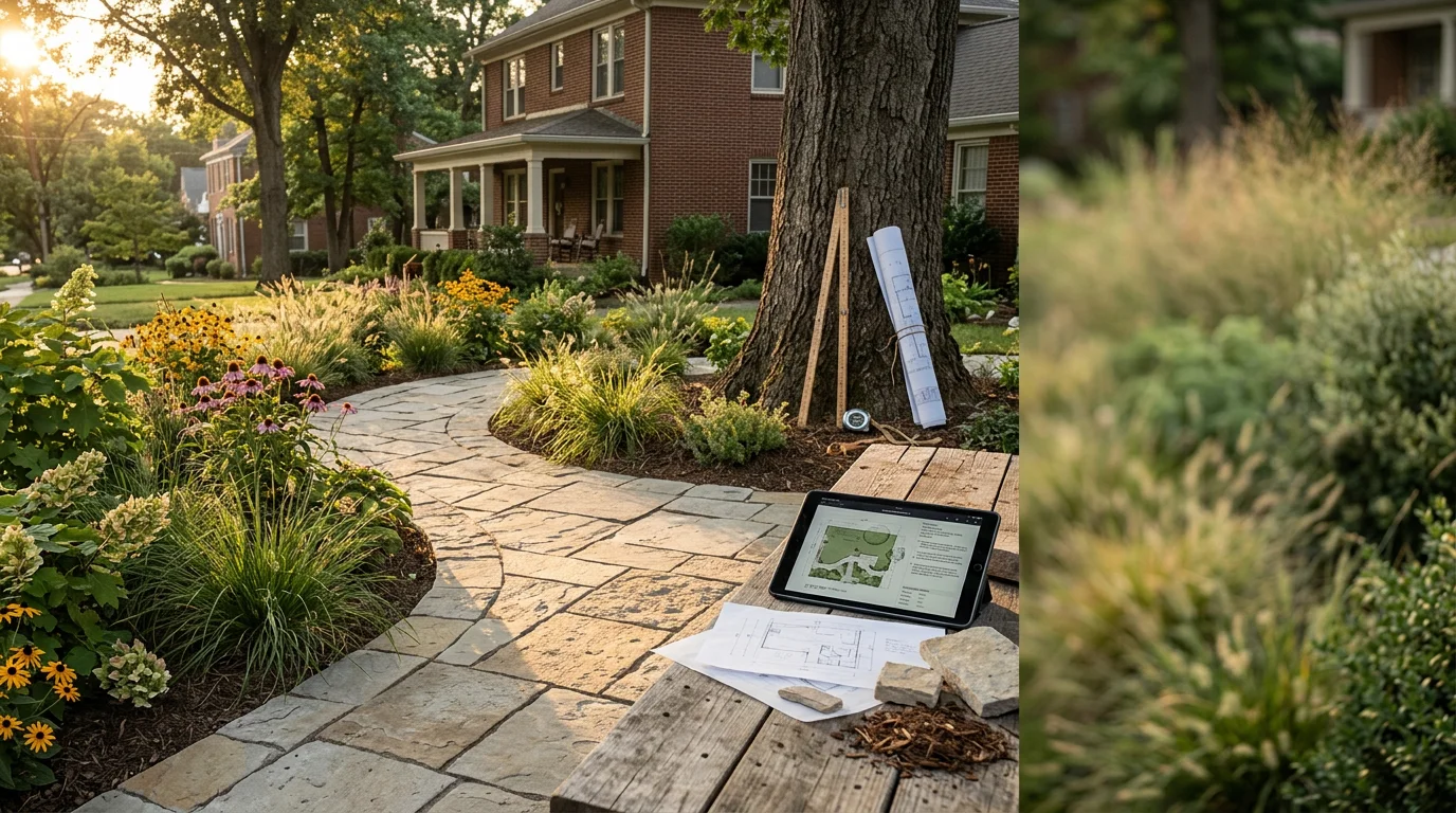 Landscape designer reviewing outdoor design plans with homeowner