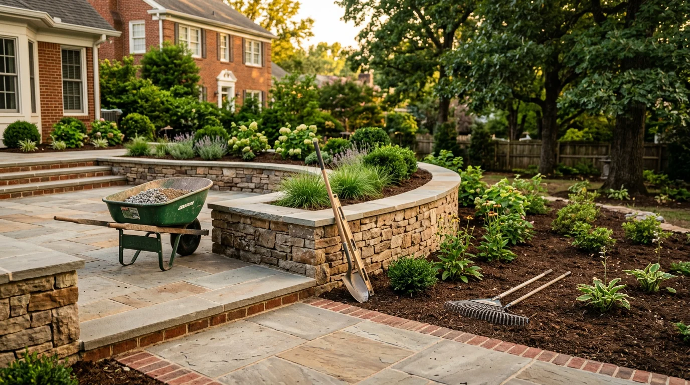 Newly installed hardscape patio with landscaping in a residential backyard