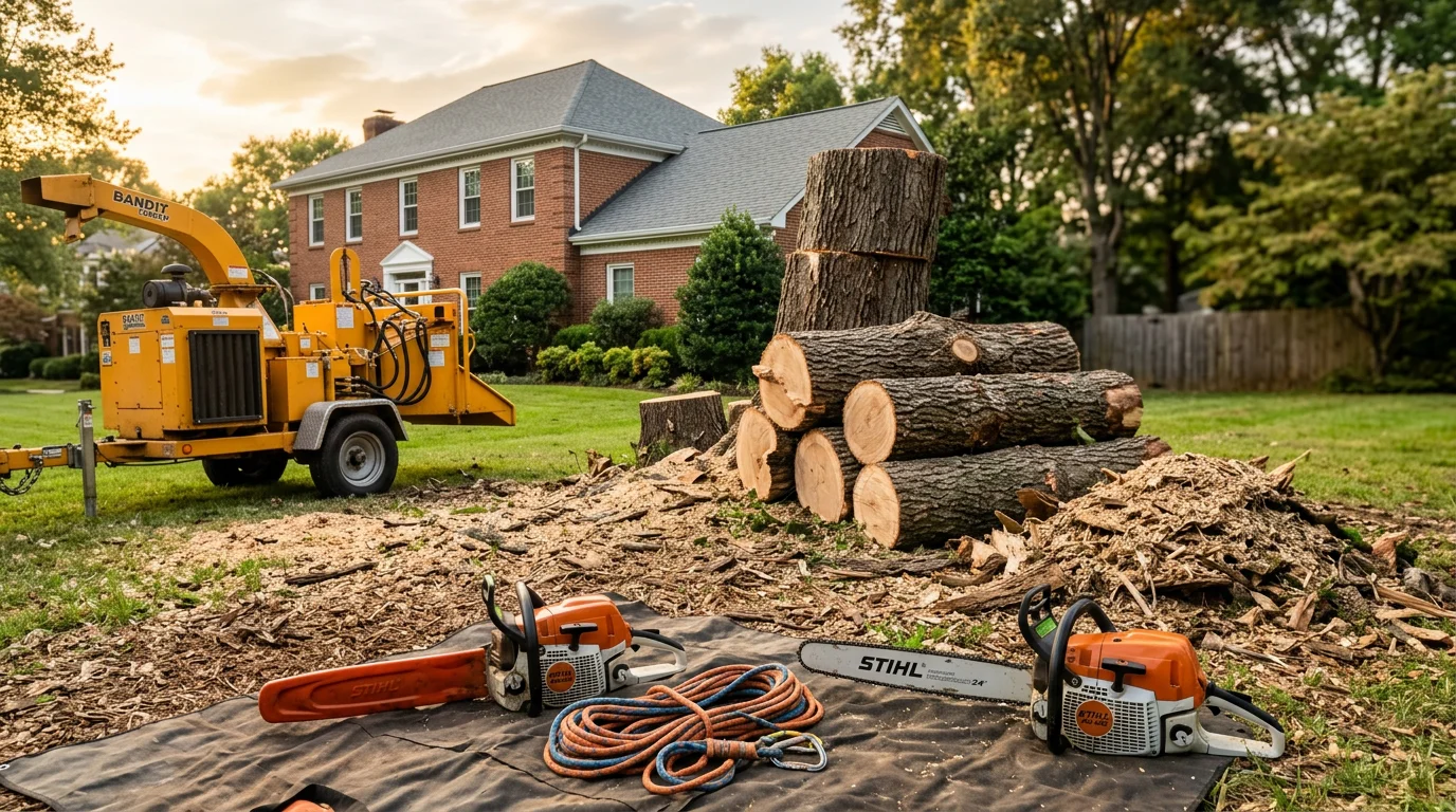 Professional arborist removing a large tree from a residential property