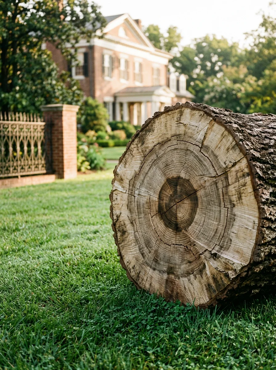 Close-up of a tree removal operation on a Belle Meade estate lot, with a century-old oak trunk and manicured lawn in the foreground.