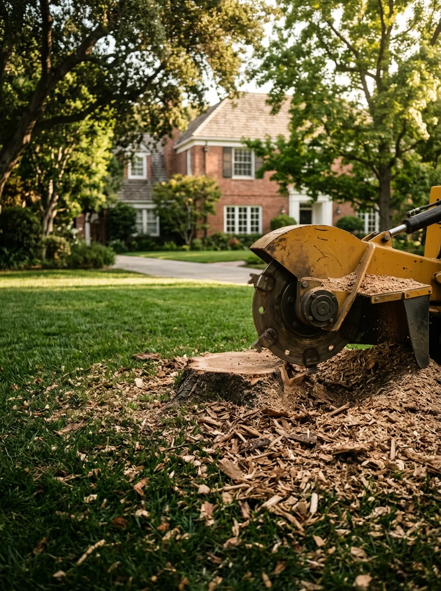 Stump grinder finishing a removal on a Brentwood property with a manicured lawn and mature tree canopy in the background.