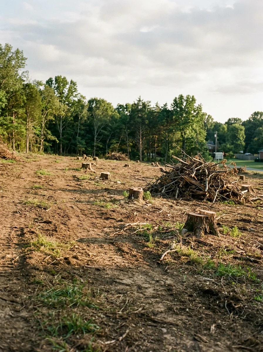 Land clearing operation on a larger Fairview, TN lot, with a brush pile, cut stumps, and open acreage visible in the frame.