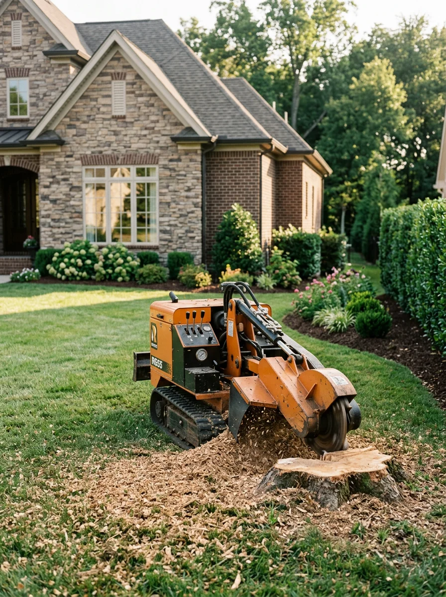 Stump grinder working on a freshly removed tree stump in a Franklin backyard, with a newer construction home and landscaped yard in the frame.