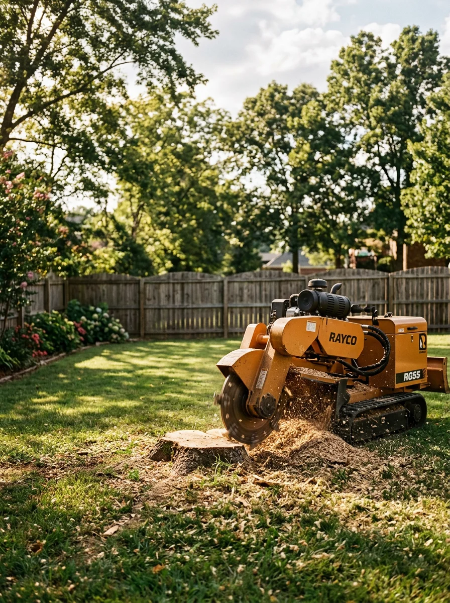 Stump grinder working on a large stump in an established Murfreesboro yard, with mature trees and a residential fence line in the background.