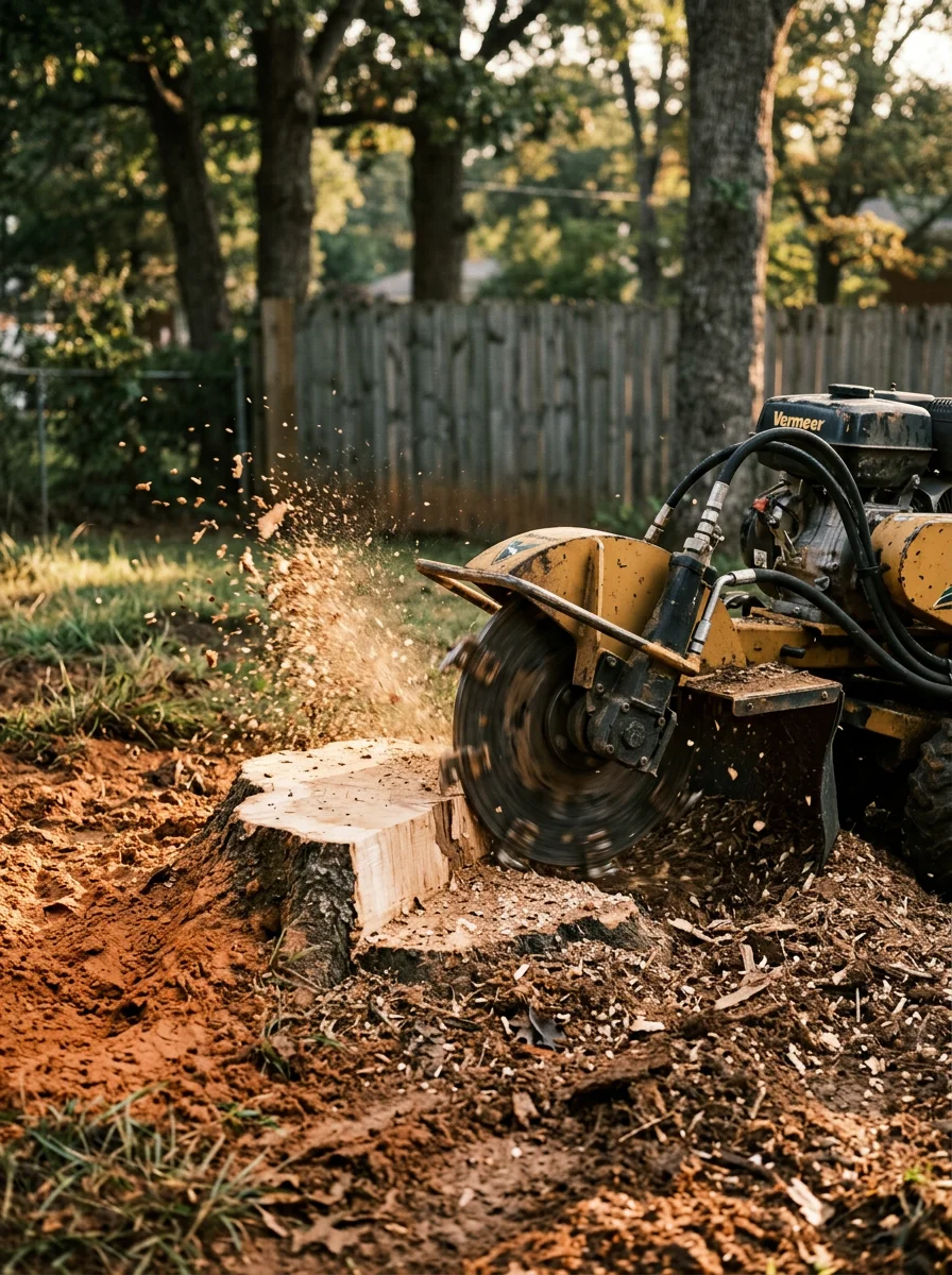 Close-up of a stump grinder working on a freshly cut tulip poplar stump in a Nashville backyard with clay soil visible around the base.
