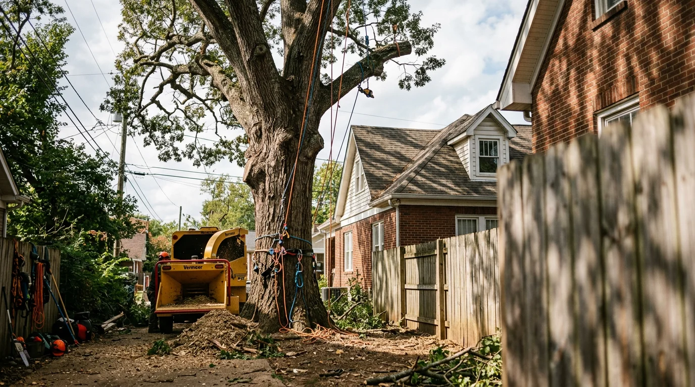 Tree crew removing a large mature oak in a tight residential lot in East Nashville, with a house and fence visible in the background.