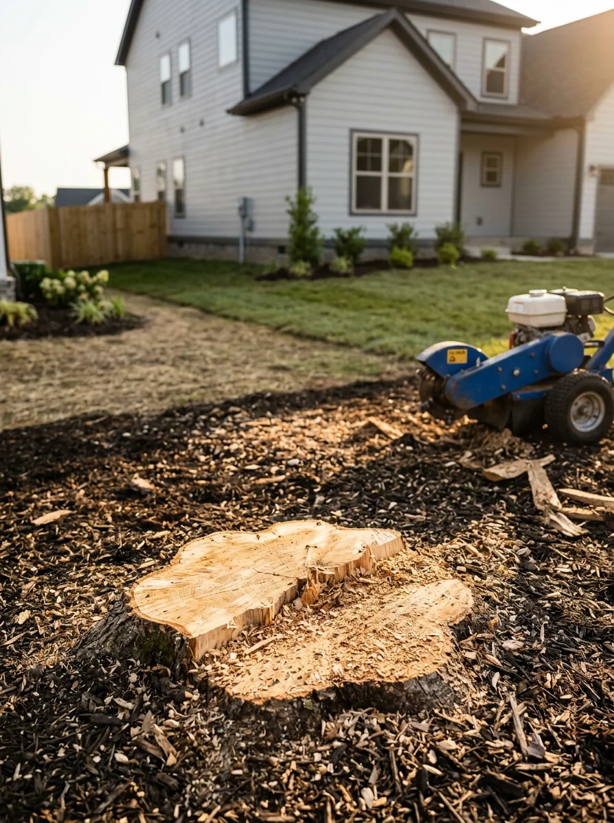 Stump grinder working on a builder stump in a Nolensville backyard, with a new-construction home and landscaping in the frame.