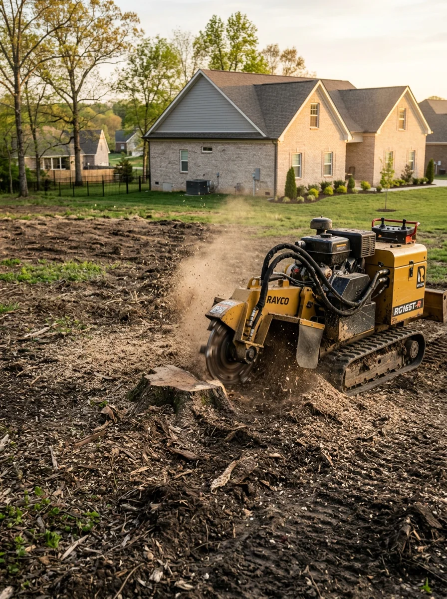 Stump grinder working on a builder stump in a Spring Hill backyard, with a newer subdivision home and compacted former farmland soil in the frame.