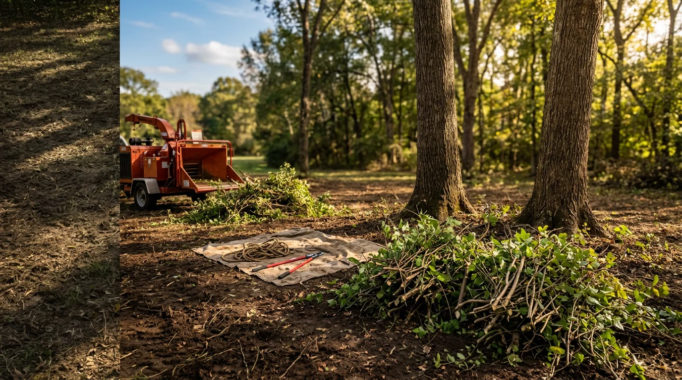 A Nashville-area residential property with dense overgrown brush and invasive vines cleared away, revealing clean ground along a wooded fence line. First Call Tree Service crew equipment visible on site after vegetation removal.