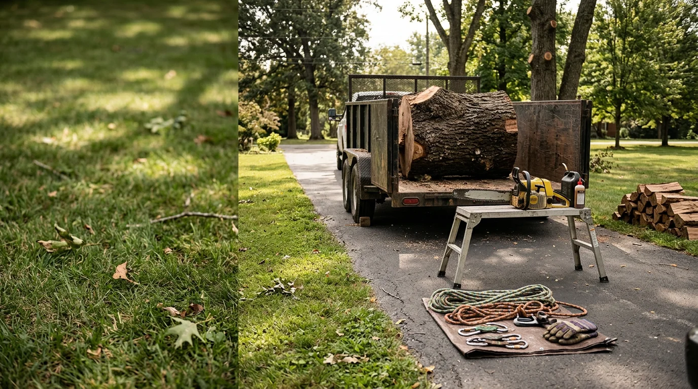 A large fallen oak tree resting across the roof of a residential home in Nashville, Tennessee, with a tree service crew preparing equipment for emergency removal. The surrounding yard shows scattered branches and storm debris typical of Middle Tennessee severe weather events.