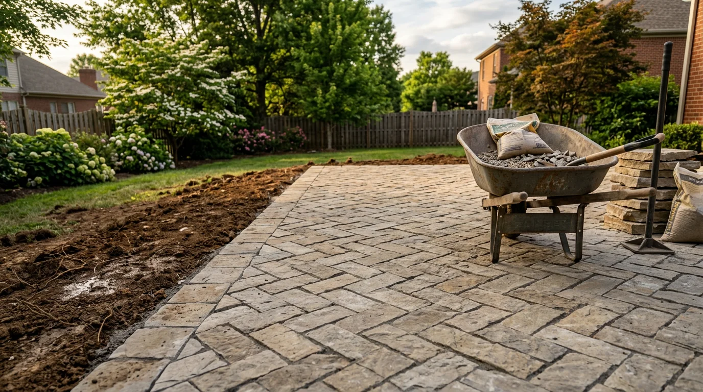 A finished paver patio and stone walkway installed in a Nashville backyard, showing clean surface joints, defined edges, and a gentle grade sloping away from the home. The surrounding yard reflects the rolling terrain common across Middle Tennessee properties.