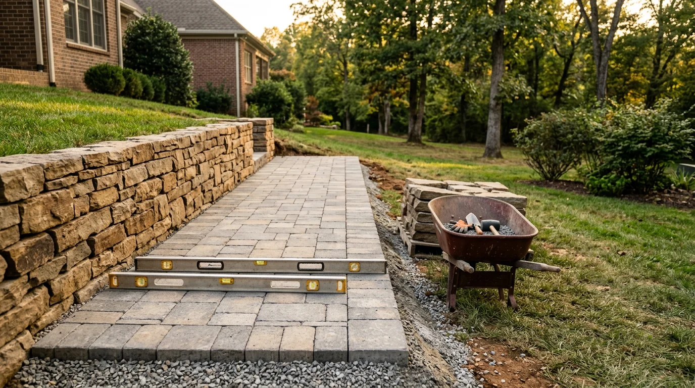 A finished backyard hardscape in Nashville featuring a stone patio and retaining wall built into a sloped lot. The structured outdoor space shows graded levels and a clean walkway connecting the patio to the home.