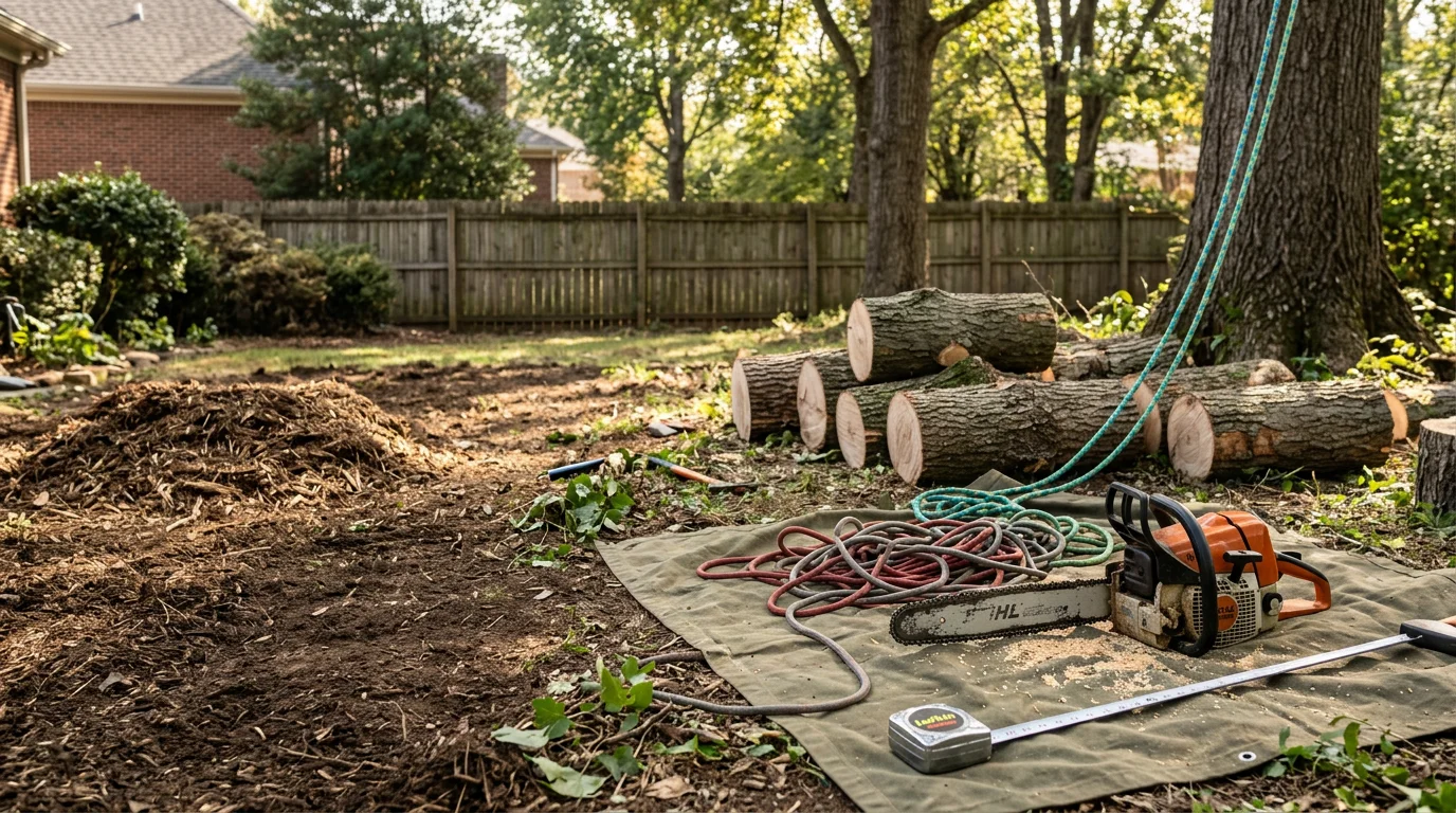 A large hazardous tree with a cracked trunk being removed in sections by a tree service crew in a Nashville residential neighborhood. The tree stands close to a home's roofline, with surrounding property protected during the controlled removal process.