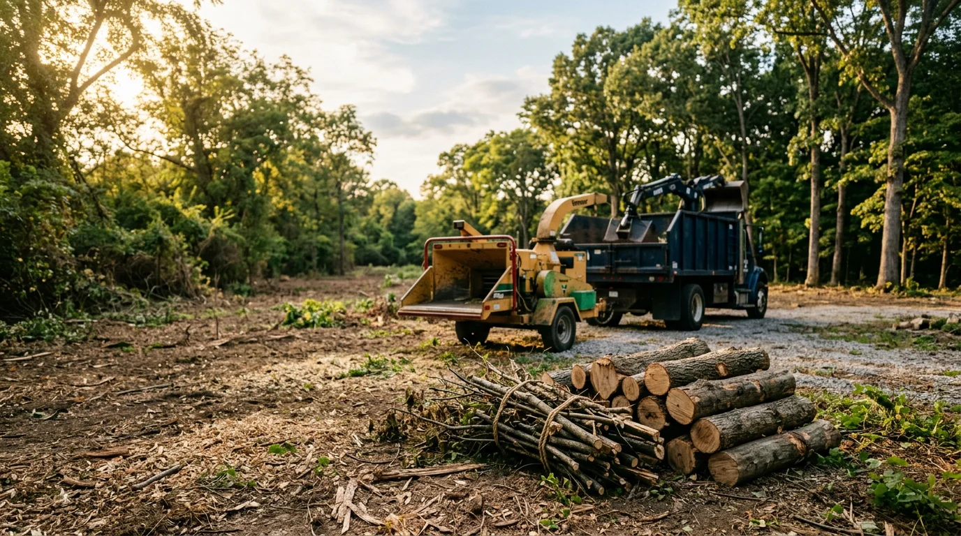 A cleared residential lot in Nashville, Tennessee showing open ground and defined tree lines after land clearing work. Dense brush and undergrowth have been removed, leaving the property accessible and ready for the next phase of work.