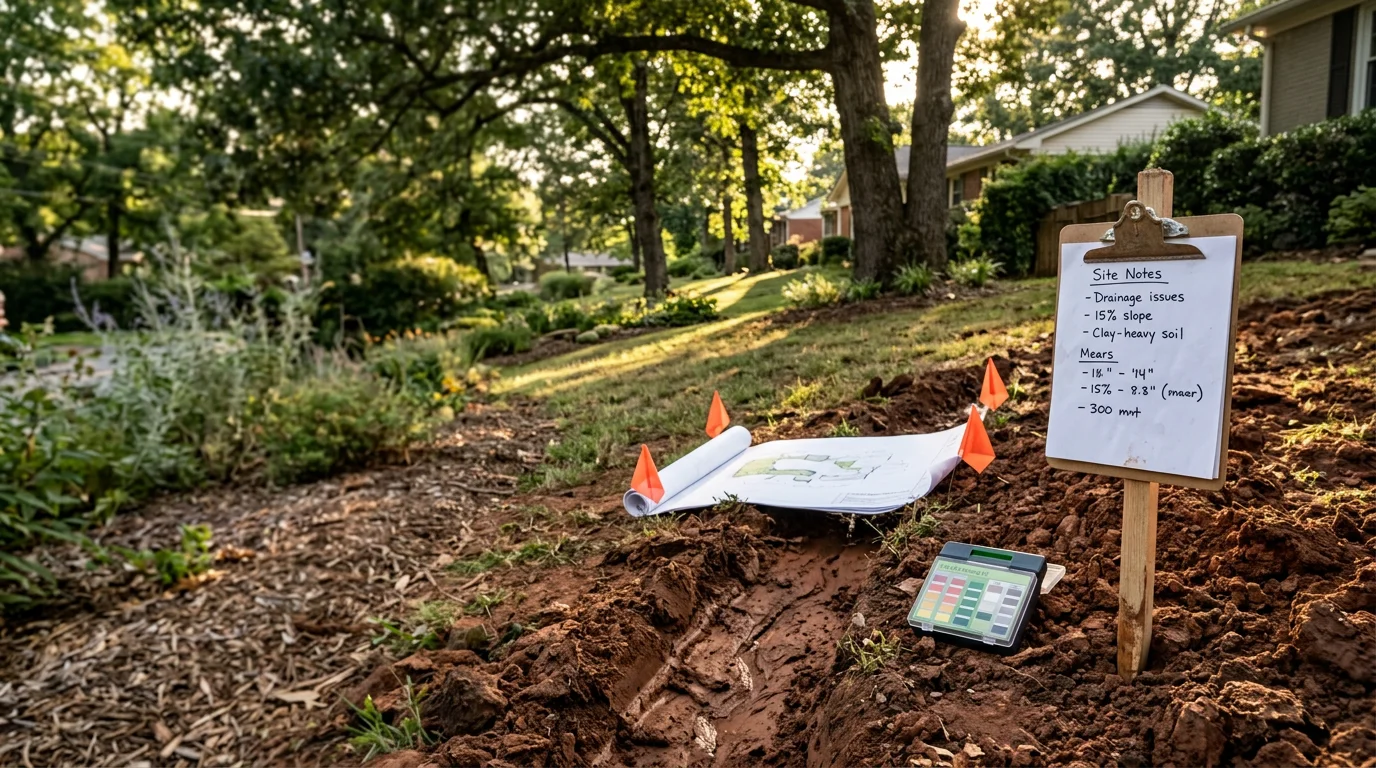 A Nashville-area homeowner's yard showing a landscape design consultation in progress, with a professional reviewing the property's terrain, drainage patterns, and existing tree canopy on a Middle Tennessee residential lot.