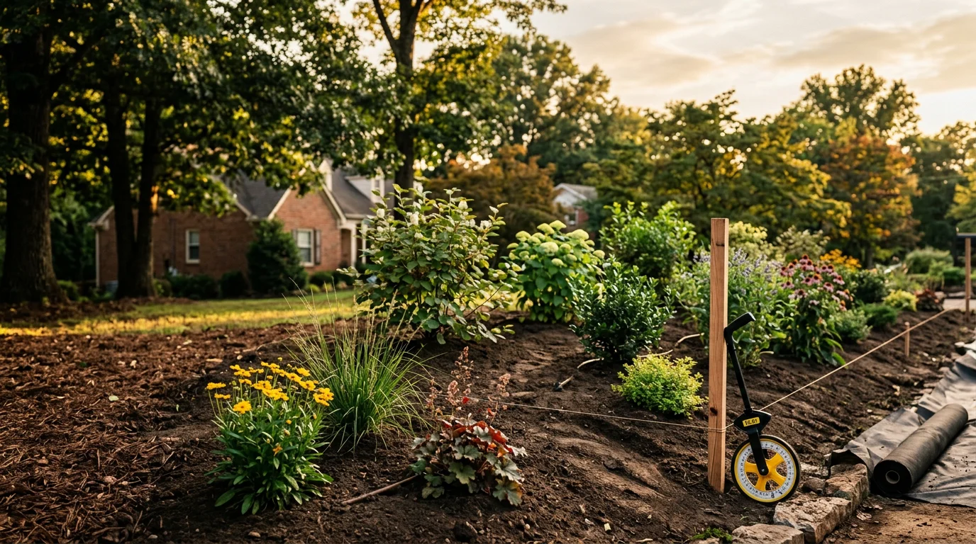 A freshly designed residential front yard in Nashville, Tennessee, featuring layered planting beds, defined borders, and healthy shrubs suited to Middle Tennessee's climate. The property shows clear grading and a clean, structured layout from street to front entry.