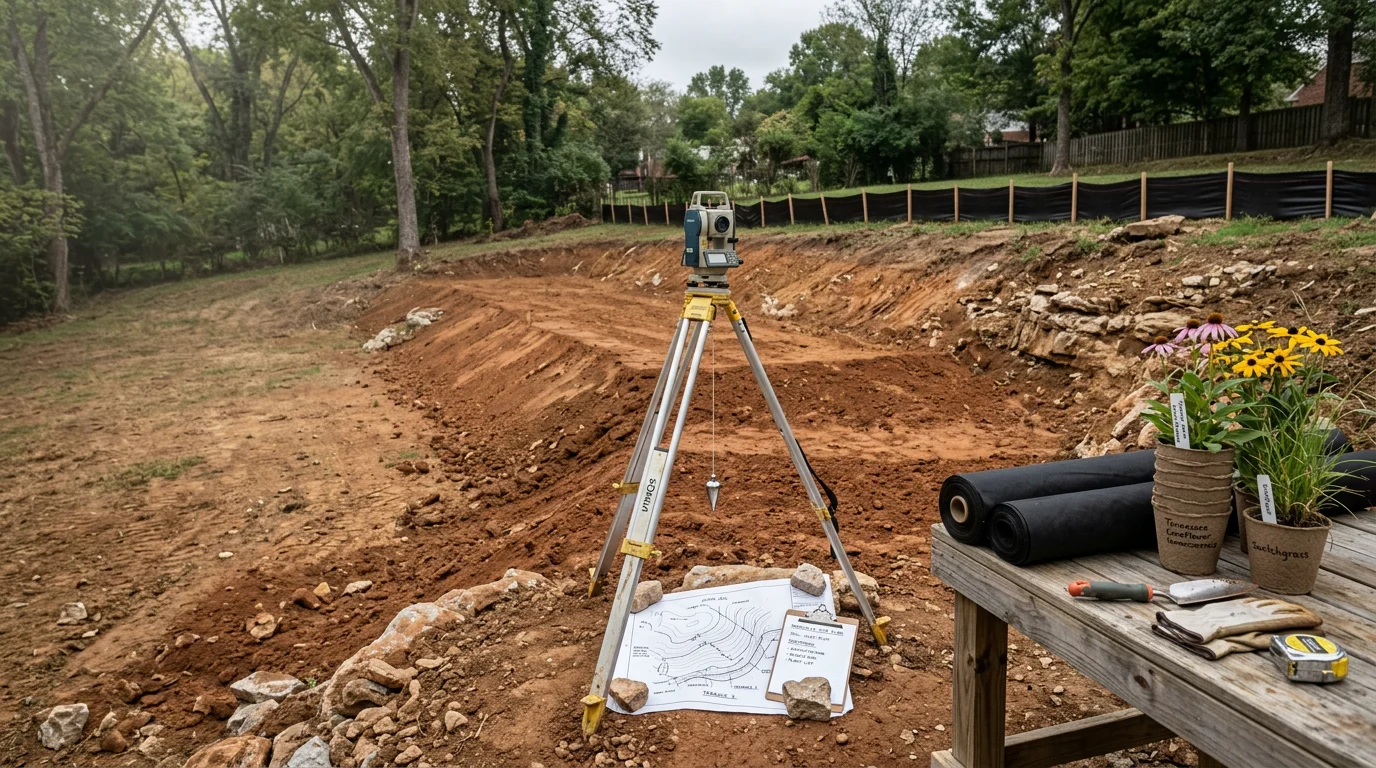 A renovated residential yard in Nashville, Tennessee showing reshaped planting beds, graded lawn areas, and regionally appropriate plantings along a home's front exterior. The landscape reflects a structured renovation plan suited to Middle Tennessee's clay soil and rolling terrain.