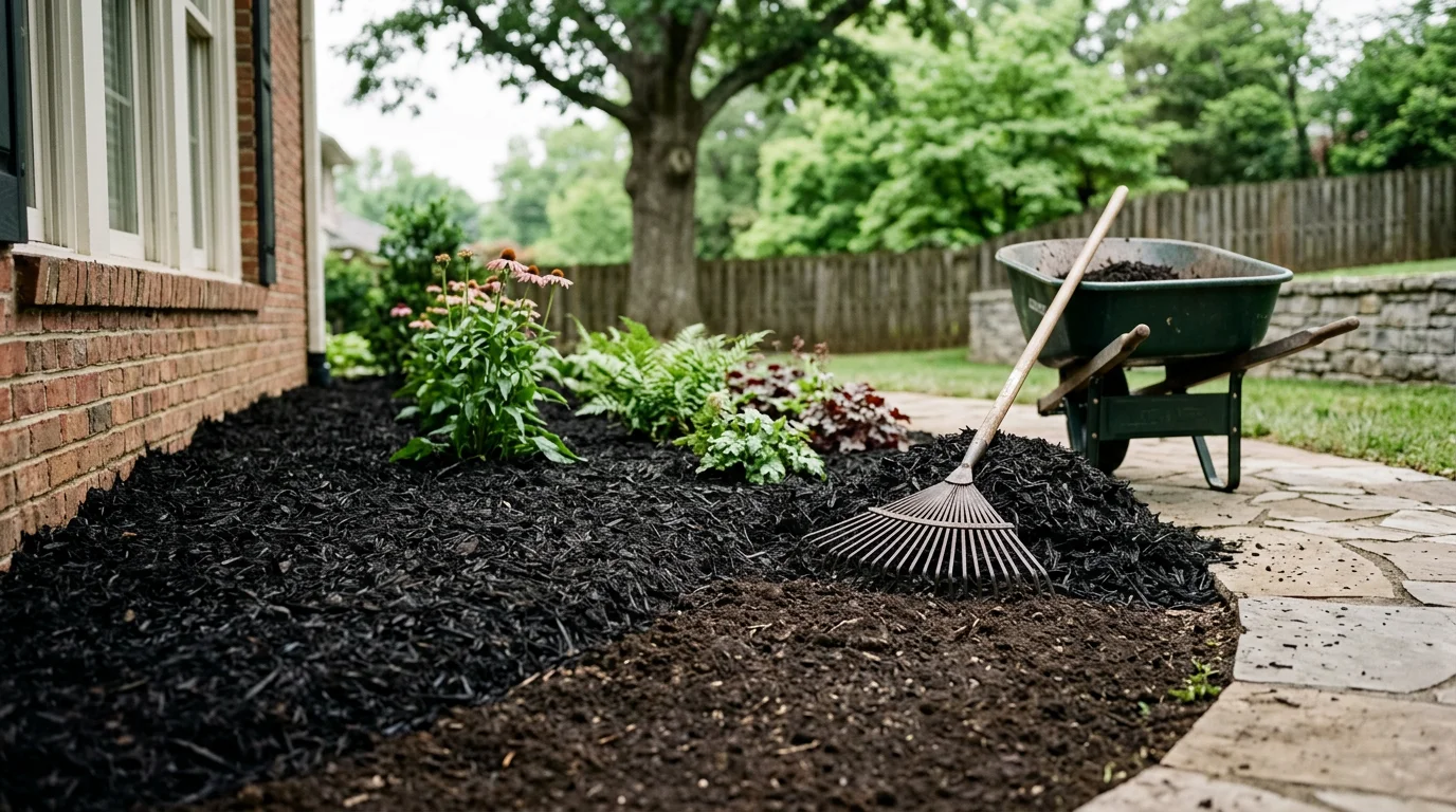 Freshly installed dark mulch filling a landscaped garden bed around shrubs and ornamental plants at a residential property in Nashville, Tennessee. Clean bed edges define the border between the mulched area and the surrounding lawn.