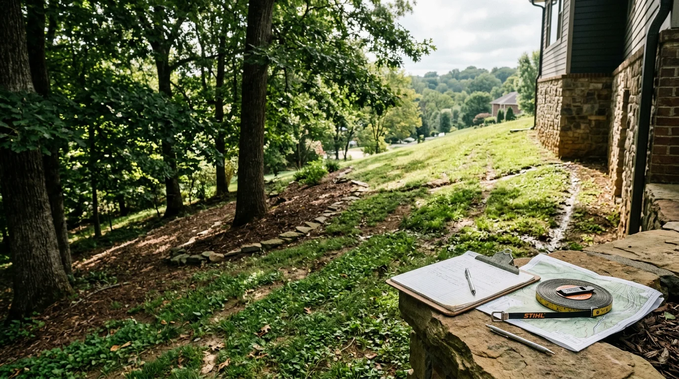 A Nashville backyard property viewed from above showing a sloped lot with mature tree canopy, open lawn areas, and a patio zone positioned to capture afternoon shade. A landscape planner reviews the site layout with a homeowner on the property.