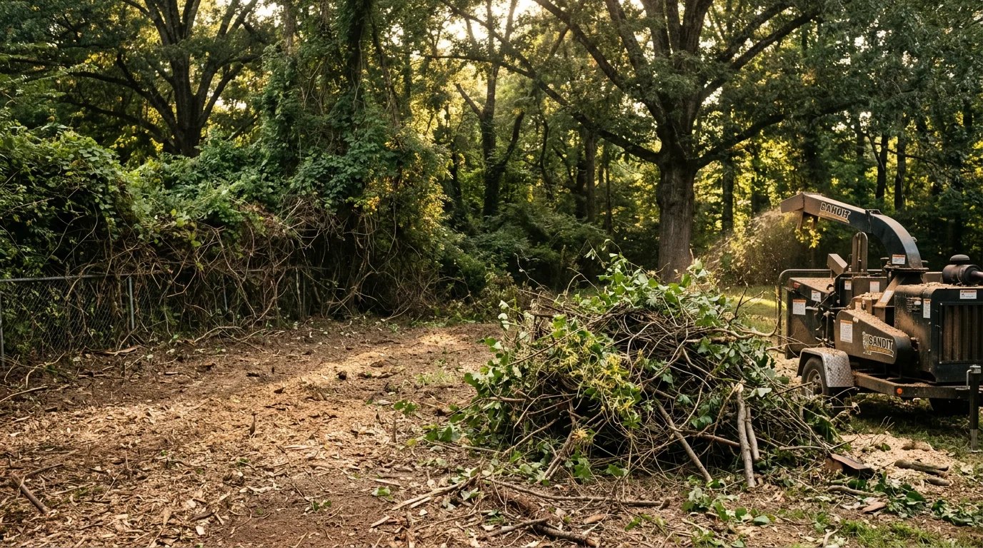 A Nashville residential property after overgrown property cleanup, showing a cleared fence line and open rear yard with brush and vine debris removed. The cleaned area reveals usable outdoor space that was previously hidden by dense overgrowth.