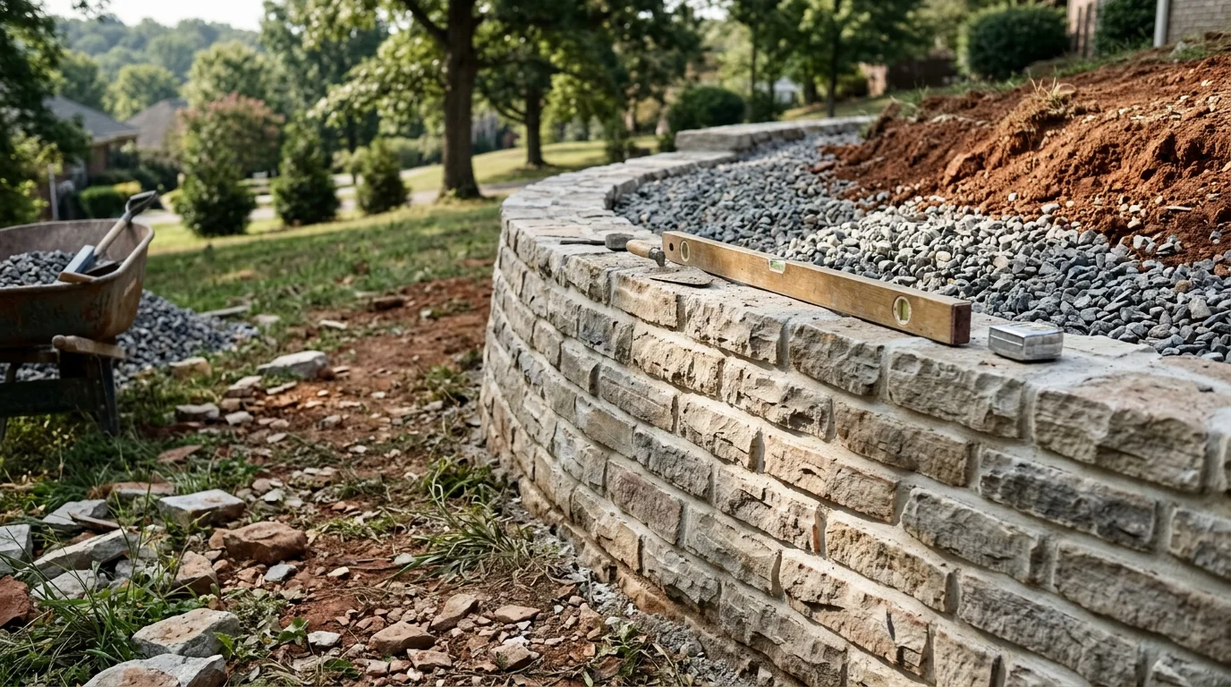 A newly constructed retaining wall holding back a sloped yard on a residential property in Nashville, Tennessee. Stacked stone blocks form a clean, level wall with flat lawn space above and below.
