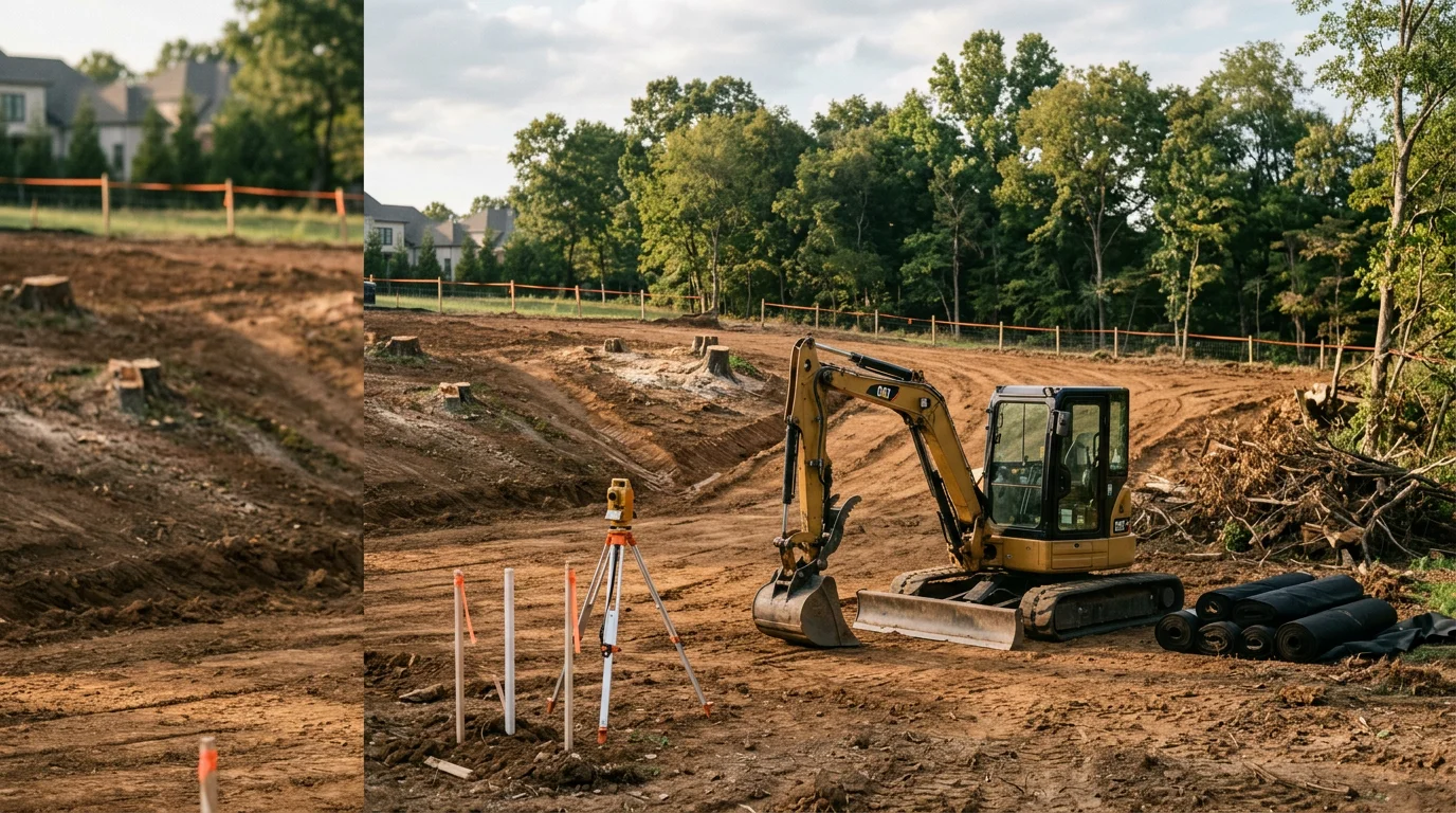 A cleared and graded residential lot in Nashville, Tennessee with level ground and no surface debris, ready for construction. Equipment tracks are visible in the soil, showing recent grading work on a sloped Middle Tennessee property.