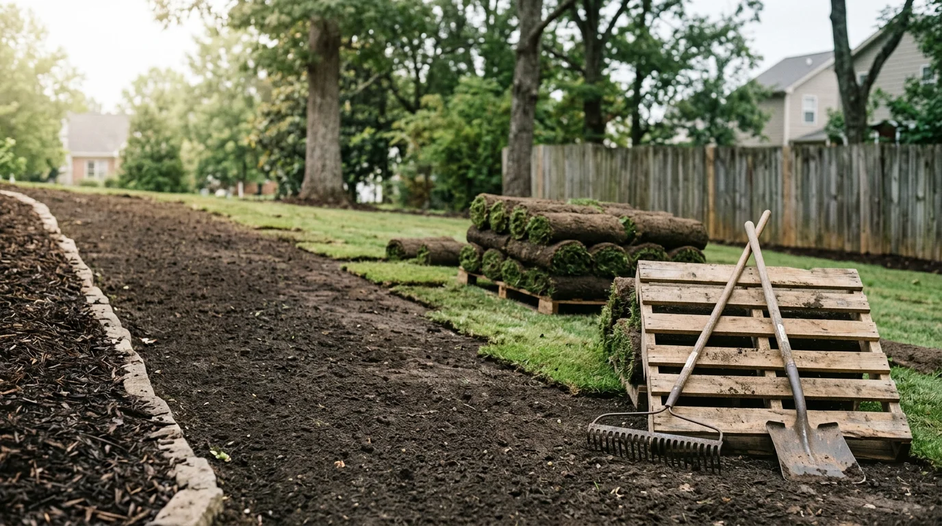 Freshly installed sod covering a residential front yard in Nashville, Tennessee, with clean edges along a concrete driveway and a green, uniform lawn surface after professional installation.
