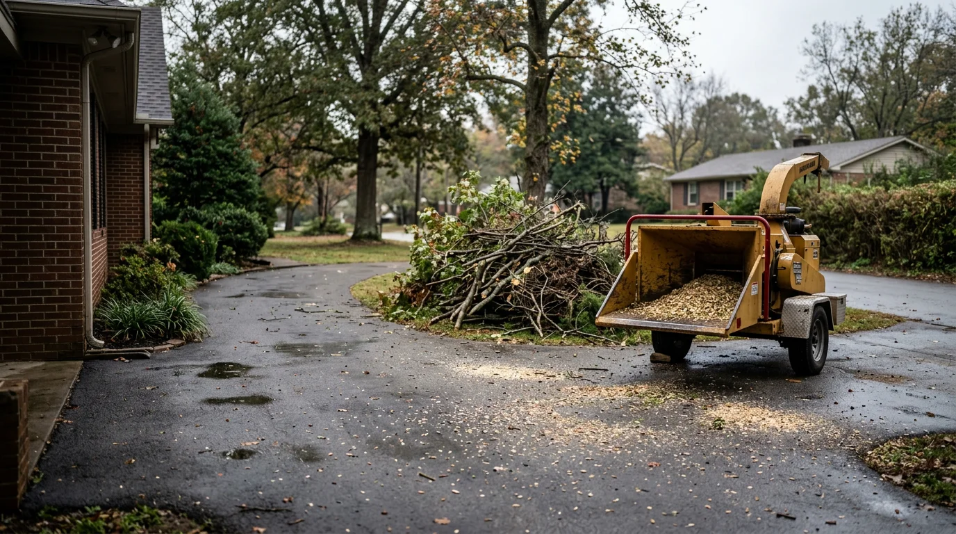 A cleared Nashville residential yard after storm cleanup, showing a freshly cut and removed fallen tree with no remaining debris on the lawn or driveway. A tidy property edge and intact fence line are visible in the background.