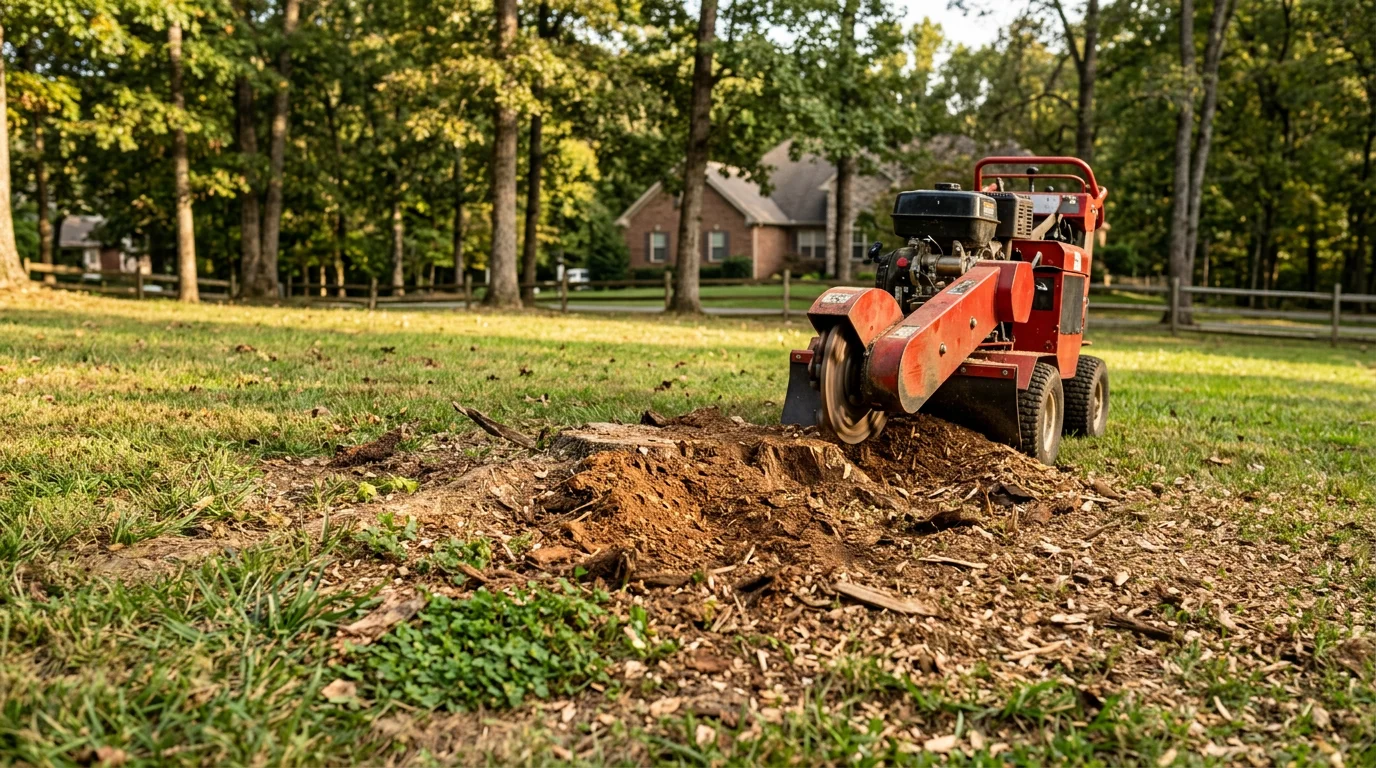 A freshly ground tree stump in a Nashville backyard, with the surrounding lawn left intact and wood chips filling the ground-level hole where the stump once stood.
