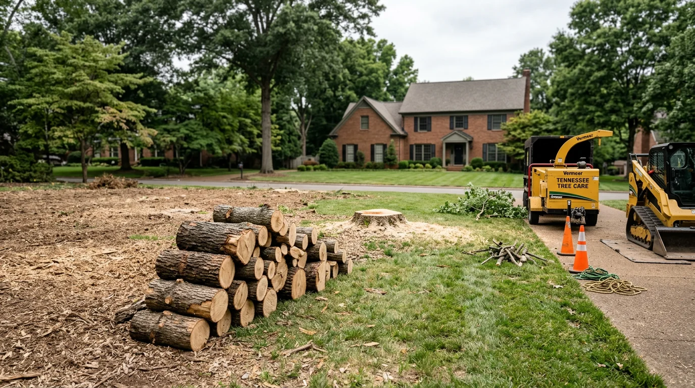 A large tree being removed in a Nashville residential backyard, with the trunk sectioned near a wood privacy fence and a cleared yard visible in the background. First Call Tree Service crew working on a tight lot typical of Middle Tennessee neighborhoods.