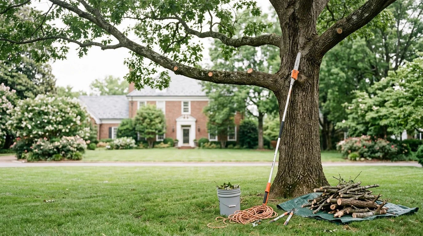 A tree service crew trimming and shaping a large mature oak tree in a residential backyard in Nashville, Tennessee. Cleanly pruned canopy with removed dead branches visible on the ground below.